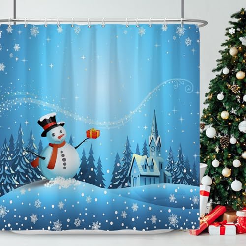 Ttincceer Schneemann Duschvorhang Weihnachten 180x200cm Cartoon Schneemann Wald Schnee Szene Bad Vorhang Schneeflocke Shining Star Badezimmer Vorhang Wasserdicht Badewanne Vorhang von Ttincceer