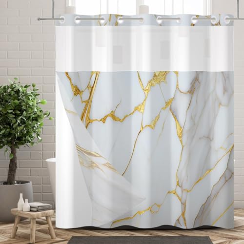 Ttincceer keine Haken Duschvorhang mit Snap in Stoff Liner Weiß Gold Marmor hakenlos Duschvorhang wasserdicht doppelte Schicht Moderne Badezimmer Vorhang mit sehen durch Top Fenster 180x188cm von Ttincceer