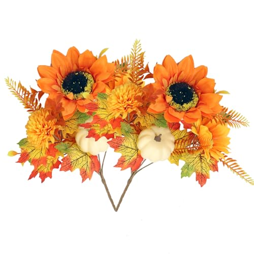 Ttiy Künstliche Herbstblumen, Seide, Sonnenblumen-Zweig, DIY, Thanksgiving Picks mit Ahornblatt und Kürbis, Blumenarrangements für Heimdekoration, 2 Stück Kürbis von Ttiy