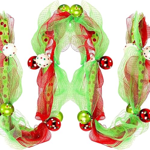 Ttiy Weihnachtsgirlande, rot-grüne Weihnachtsbaumgirlande, rustikale Bandgirlanden mit rot-grünen Kugeln für Weihnachten, Kamin, Fenster, Treppen, Dekoration, 1 Stück, 2,7 m von Ttiy