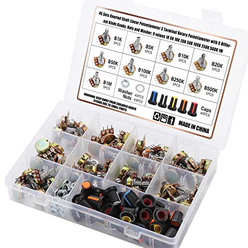 45 Stück Linear-Potentiometer, Potentiometer Mono Linear B1K B5K B10K B20K B50K B100K B250K B500K 1M Einzelpotentiometer, 3Pin Dreh-Potentiometer mit Muttern und Unterlegscheibe von TUDOU