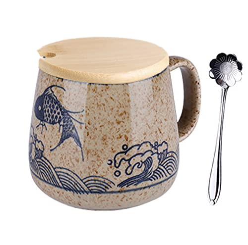 Kaffeetasse mit Deckel,Becher Keramik Milchbecher mit Deckel,Cappuccino Tassen Steingut 400 ml,japanisches Becher Handbemalte Wasser Tasse Unterglasur Große Kapazität Frühstückstasse von TuYines