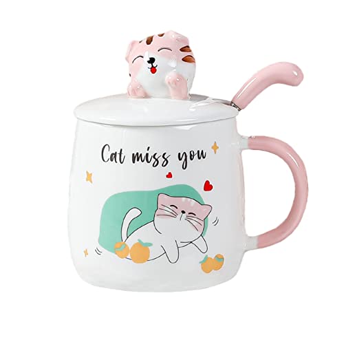 Keramik Kaffeebecher,Katze Tassen,Kaffeetasse mit Deckel,Süß Katze Tasse mit Löffel,400 ml Groß Kaffeetasse,Cappuccino Tasse,Neuheit Taufe Becher Witzige Tass von TuYines