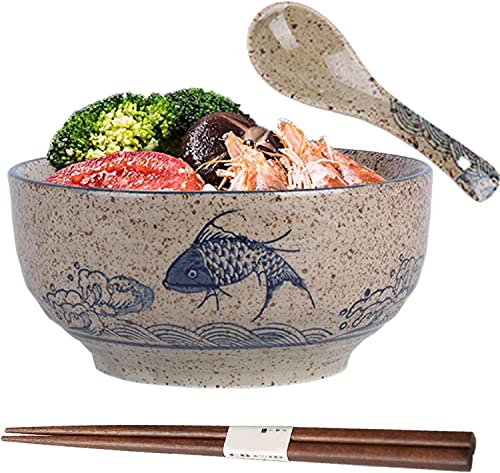 Ramen Schüssel,Japanische Schüssel Keramik,Ramen Schüssel Set,Ramen Bowl mit Löffel Essstäbchen,Vintage Ramen Schale aus Keramik, Suppenschalen, Japanisches Geschirr von TuYines