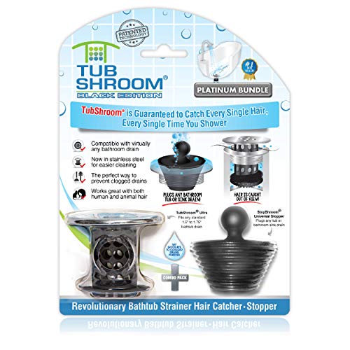 TubShroom Revolutionärer Tub Abflussschutz Haarfänger Sieb Snare mit StopShroom Stecker, Silikon, Schwarz Chrom mit Stopper von TubShroom