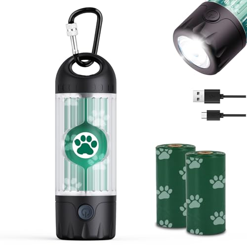 Tubasion Kotbeutelspender mit Hellem Taschenlampe 7-Farben, IPX6 Wasserdicht Hundekotbeutelspender, USB-C Wiederaufladbar Kotbeutelhalter Hundelicht Für Leinen, Gassigehen (30 Beutel Inklusive) von Tubasion