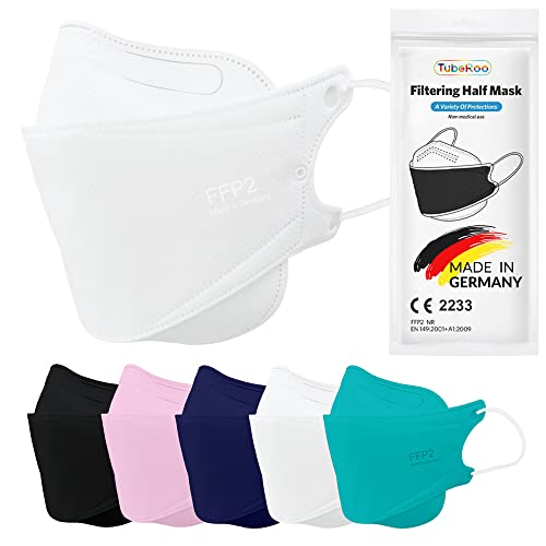 TubeRoo FFP2 Maske weiß Fischform, 20 Stück Masken aus Deutschland, Made in Germany, weiche Ohrschlaufen Bänder, Atemschutzmaske, Mundschutz von TubeRoo