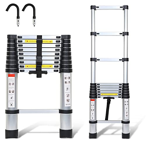 Tubiaz 2.6M Teleskopleiter 2 Abnehmbarem Haken,Rutschfester Mehrzweckleiter,Mehrstufiger Sicherheitsschalter Leiter,Aluminium Teleskop Ausziehleiter,Max Belastung 150 kg,Silber 2 Abnehmbarem Haken von Tubiaz