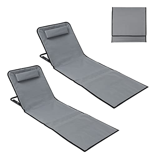 Tubiaz 2er Set Strandmatte mit Rückenlehne,Klappbar Strandstuhl 5-stufige Verstellbar,Tragbar Strandliege mit Kopfkissen-Grau von Tubiaz