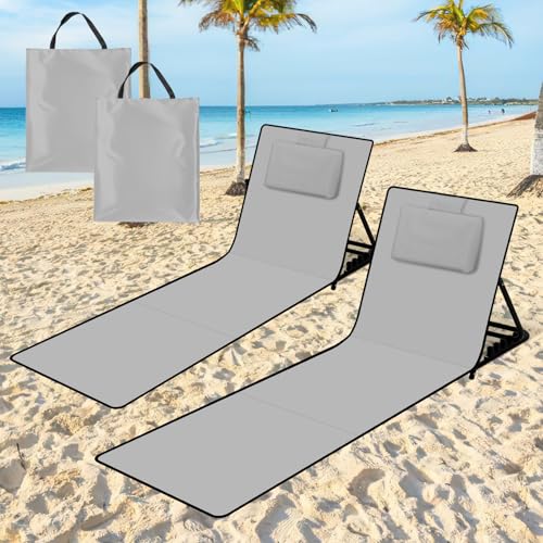 Tubiaz 2er Set Strandmatte mit Rückenlehne,Klappbar Strandstuhl 5-stufige Verstellbar,Tragbar Strandliege mit Kopfkissen-Hellgrau von Tubiaz