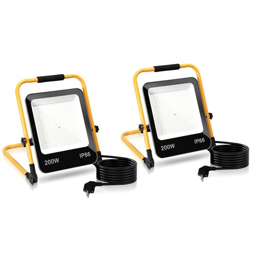 Tubiaz 2x200W LED Baustrahler, Baulampe 16000LM Baustellen Strahler 6000K Kaltweiß, Tragbar Bauscheinwerfer IP66 Wasserdicht mit 3M Kabel und Faltbarer Ständer, für Werkstatt oder Baustelle von Tubiaz