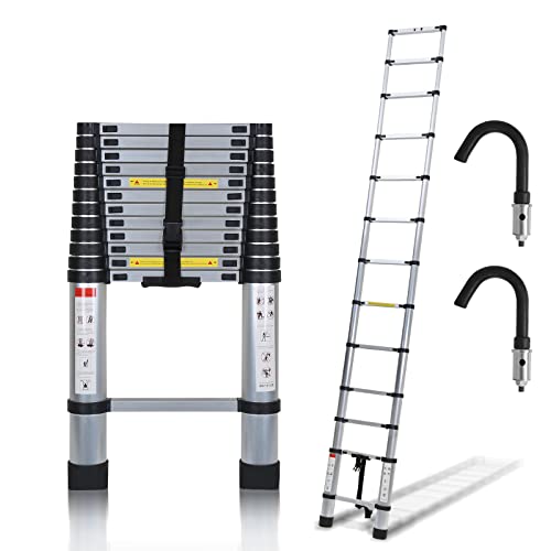 Tubiaz 3,8M Teleskopleiter mit 2 Abnehmbarem Haken, Aluminiumleiter - Rutschfester Klappleiter Stehleiter Mehrzweckleiter - 150 kg/330 Pfund Belastbarkeit - 13 Sprossen von Tubiaz