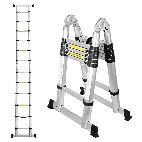 Tubiaz 3.8M(1.9+1.9M) Teleskopleiter, Alu-Klappleiter, Tragbare Ausziehbare Leiter 150 kg Belastbarkeit Leiter für Garten Innen Außenbereich von Tubiaz