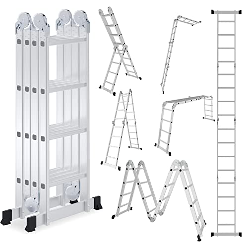 Tubiaz 7in1 Mehrzweckleiter 4x4, 470CM Alu Vielzweckleiter Klappleiter mit Plattform und Räder, Multifunktionsleiter 16 Sprossen, Stehleiter Haushaltsleiter Max Belastung 150 kg von Tubiaz