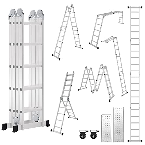 Tubiaz 7in1 Mehrzweckleiter 4x5, 582CM Alu Vielzweckleiter Klappleiter mit Plattform und Räder, Multifunktionsleiter 20 Sprossen, Stehleiter Haushaltsleiter Max Belastung 150 kg von Tubiaz