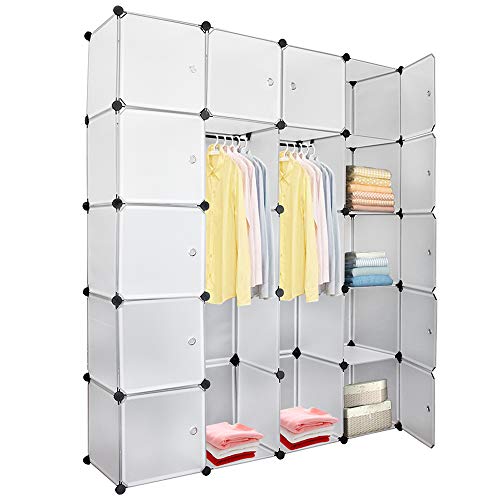 Tubiaz Garderobe 20 Würfel DIY Regalsystem Kleiderschrank mit Tür mit Hammer Schuhablagen aus PP-Kunststoff Mit 2 Kleiderstange für hängende Kleidung 180 x 142 x 37 cm Weiß von Tubiaz