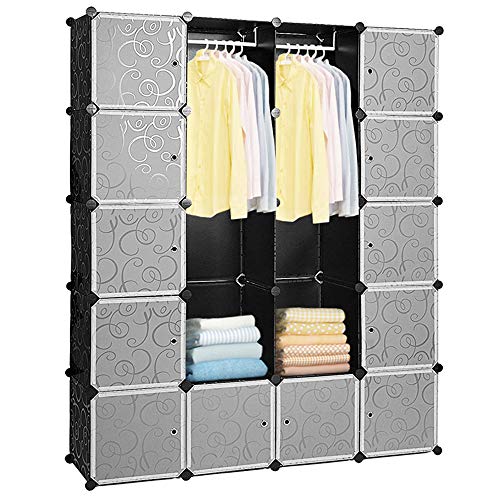 Tubiaz Garderobe 20 Würfel DIY Regalsystem Kleiderschrank mit Tür mit Hammer Schuhablagen aus PP-Kunststoff Mit 2 Kleiderstange für hängende Kleidung 180 x 142 x 37 cm schwarz von Tubiaz