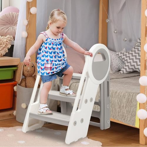 Tubiaz Kinder Tritthocker 2 Stufen - 3 Stufen Höhenverstellbar, Hocker Kinder mit Handhaben, Tritt-Schemel Kinderschemel für Baby, Faltbar kinderhocker für Kinderzimmer, Küche und Badezimmer, Grau von Tubiaz