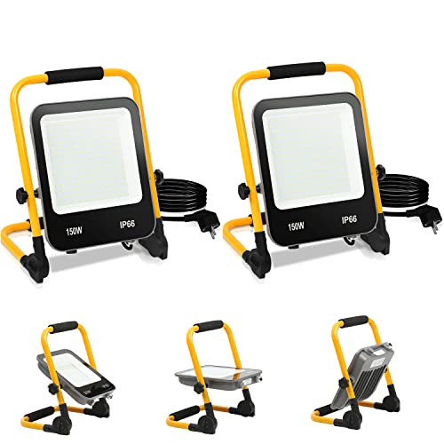 Tubiaz LED Baustrahler, 2x150W 13000LM Baustellen Strahler 6000K Kaltweiß Arbeitsscheinwerfer LED Fluter Floodlight mit 3M Kabel und Faltbarer Ständer, IP66 Wasserdicht Strahler für Baustelle von Tubiaz