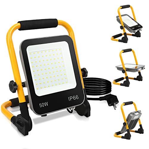 Tubiaz LED Baustrahler Arbeitsleuchte, 50W 5100LM 6000K Kaltweiß Bauscheinwerfer mit 3M Kabel und Faltbarer Ständer, IP66 Wasserdicht Baulampe für Werkstatt Baustelle Garage von Tubiaz