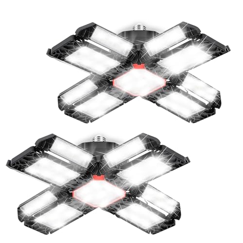 Tubiaz LED Garagenleuchte 200W, 2 PCS Werkstattlampe Garagenbeleuchtung 20000LM 6500K Verformbare Deckenlampe mit 12 Verstellbaren Paneelen, E26 / E27 LED Werkstatt Deckenleuchte für Garage von Tubiaz