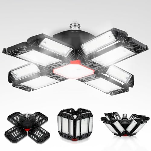 Tubiaz LED Garagenleuchte 200W, Werkstattlampe Garagenbeleuchtung 20000LM 6500K Verformbare Deckenlampe mit 12 Verstellbaren Paneelen, E26 / E27 LED Werkstatt Deckenleuchte für Garage von Tubiaz