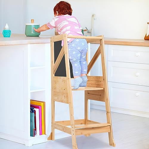 Tubiaz Lernturm Für Kinder, Küchenturm für Baby, Küchenhelfer Trittschemel Tritthocker mit Doppelseitige Tafel, Montessori Lernstuhl, für Küchen Schlafzimmer Esszimmer-Holzfarbe von Tubiaz