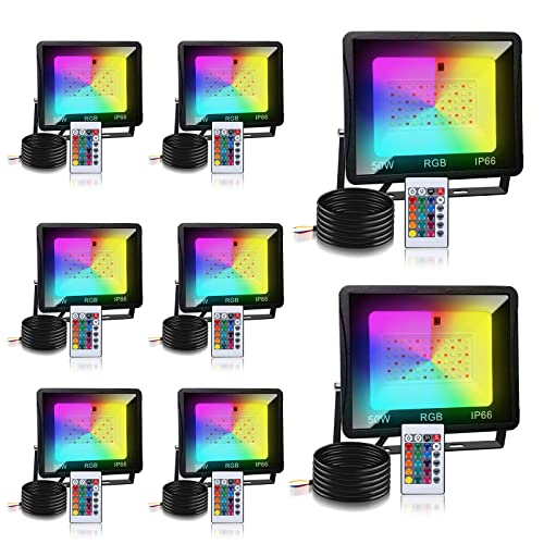 Tubiaz RGB Strahler, 8er 50W Bunt Dimmbar Fluter mit Fernbedienung, LED Scheinwerfer 16 Farben 4 Modi, Farbwechsel Fluter Memoryfunktion, IP66 Wasserdicht für Aussen Innen (kein Stecker) von Tubiaz