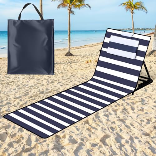 Tubiaz Strandmatte Faltbar 158CM, Strandliege Klappbarer Beachmatte, 5-stufig Verstellbar Rückenlehne, mit Kopfkissen und Staufach, Tragbar Sonnenliege, Liegestuhl für Camping, Blau-Weiß-Streifen von Tubiaz