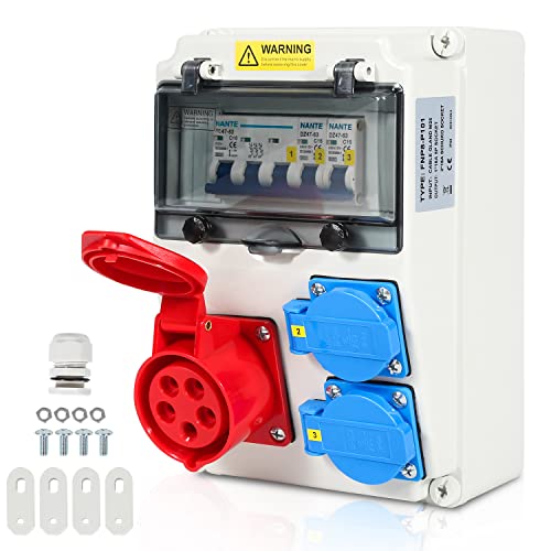 Tubiaz Stromverteiler 16A, Baustromverteiler 2x16A 230V+1xCEE 16A 400V 5 polig, Wandverteiler mit LS-Schalter, Starkstrom Verteiler IP44 für Baustellen von Tubiaz