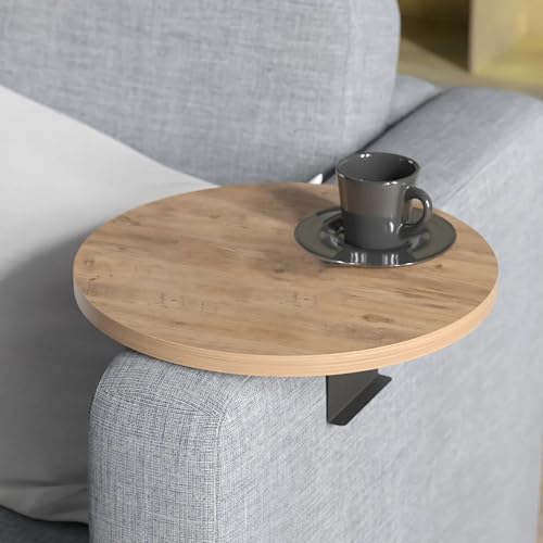 Tubibu Couch-Tablett für Armlehnen, Verstellbares Sofa-Tablett mit Getränkehalter, Spezielles Design mit Praktischer Metallhalterung, Ablage für Sitzgarnitur, Durchmesser ⌀ 35 cm (1, Brown) von Tubibu