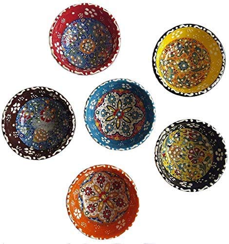 Tubibu Dekorative türkische Keramik-Schüssel-Set mit 6 Stück – handgefertigte Pinch Multicolor Finger kleine Servierschalen (Decco, 8 cm) von Tubibu