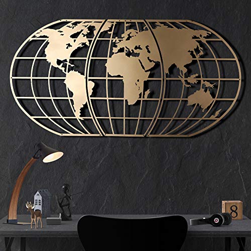 Tubibu Moderne Wandkunst, 100 % Metall – Metallische Weltkarte Globe, Größe (60 x 120 cm) – Wandbehang für Wohnzimmer, Schlafzimmer, Schlafsaal (Gold) von Tubibu