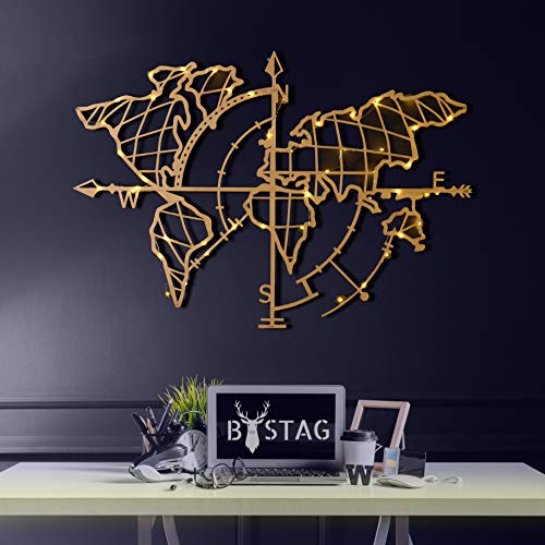 Tubibu Moderne Wandkunst, 100% Metall – metallische Weltkarte, Größe 66 x 95 cm, Weltkarte und Kompass, Wanddekoration, Heimgeschenk, Einweihungsgeschenk, Hochzeitsgeschenk gold von Tubibu
