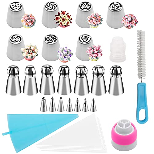 Tucireat Spritztüllen Set Edelstahl 35 Stück Spritztüllen Blumen Spritztüllen Rosen Spritztüllen Groß Russische Spritztüllen Set Spritzbeutel mit Tüllen Große Spritztüllen Backzubehör für Torten von Tucireat