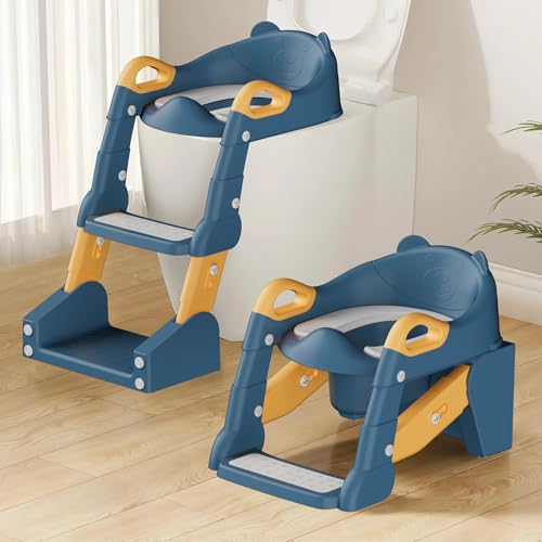 2 IN 1 Toilettensitz Kinder, Toilettensitz Kinder mit Treppe für Jungen Mädchen Baby, Upgraded 2-in-1 Kinder WC Sitz mit Treppe mit Urinal und Spritzschutz (Blue Yellow) von TuckInn