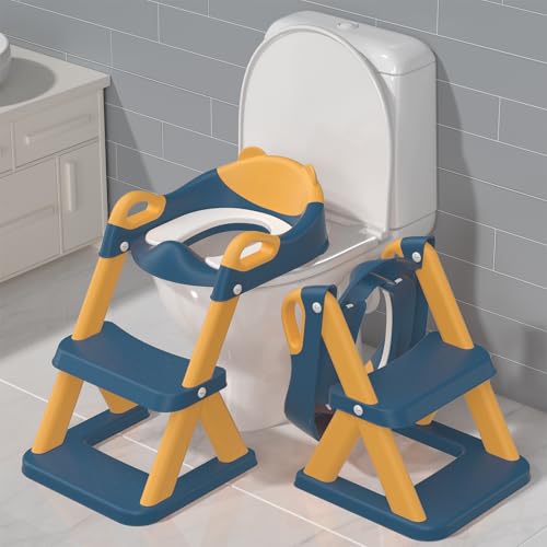 TuckInn Töpfchen Training Toilettensitz, Kleinkind Toilettensitz für Jungen, 2-in-1 Töpfchen Training Toilette mit Schritt Hocker Leiter weich gepolsterten Sitz Spritzschutz (Blau-Gelb) von TuckInn