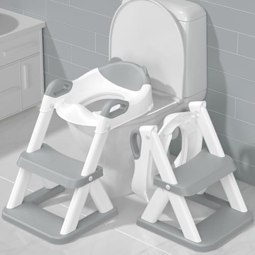 TuckInn Töpfchen Training Toilettensitz, Kleinkind Toilettensitz für Jungen, 2-in-1 Töpfchen Training Toilette mit Schritt Hocker Leiter weich gepolsterten Sitz Spritzschutz (Grau-Weiß) von TuckInn