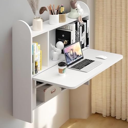 TuckTect Wandmontierter Drop-Leaf-Tisch, schwimmender Laptop-Schreibtisch, Klapptisch mit Regalen, multifunktionaler Computer-Arbeitsplatz mit Ablagefächern im Home Office für platzsparende von TuckTect