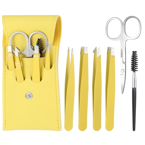 6 Stück Professionelles Pinzetten Set Augenbrauen Pinzette mit PU-Etui Edelstahl Pinzette Spitz (4 Pinzetten 1 Augenbrauen Bürste und 1 Augenbrauenschere) von Tucnoeu
