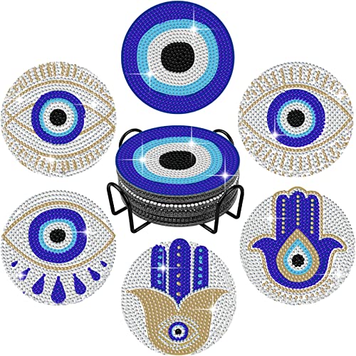 6 Stück 5D-Diamant-Gemälde Untersetzer Kits mit Halterung, blaues böses Blick, DIY-Diamant-Untersetzer-Set, Zubehör, Hamsa-Hand-Diamant-Malerei-Set für Anfänger und Erwachsene, Boho-Heimdekoration von Tucocoo