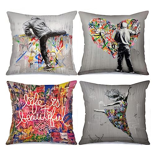 Banksy Graffiti Dancing Girl Picture Cushion Covers Classical Street Art Pillow Covers Decorative 18x18inch Set of 4 Pillow Covers Love Word Paintings Boy Throw Pillow Cases for Sofa Living Room von Tucocoo