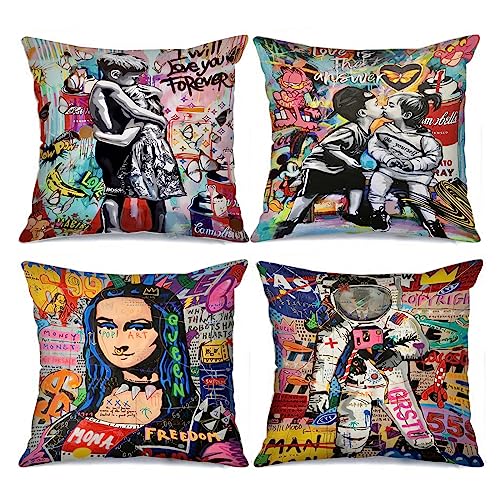 Banksy Street Graffiti Hugs Picture Cushion Covers Mona Lisa Pillow Covers Decorative 18x18inch Set of 4 Astronaut Pillow Covers Little Boy and Girl Kiss Throw Pillow Cases for Sofa Living Room von Tucocoo