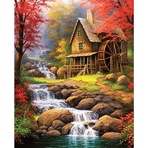 Cottage Wasserrad Malen nach Zahlen für Erwachsene, DIY Digital Ölgemälde Kits auf Leinwand mit Pinseln und Acrylpigment, Wald, Wasserfall, Landschaften, Bild für Heimdekoration, 40x 50cm (rahmenlos) von Tucocoo