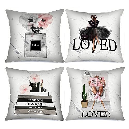 Fashion Woman Picture Cushion Covers Perfume Picture Pillow Covers Decorative 18x18inch Set of 4 Modern Art Pillow Covers Perfume Flowers Marble Background Throw Pillow Cases for Sofa Living Room von Tucocoo