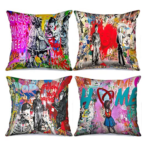 Tucocoo Graffiti Art Cushion Covers, Decorative Cushion Cover 4 Pieces, Banksy Street Throw Pillow Covers Follow Your Dreams, Colorful Cushion Cover, Decorations, Throw Pillows for Couch, Sofa, Home von Tucocoo