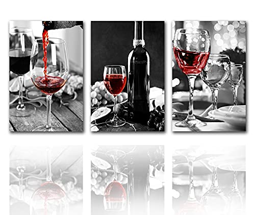 Küchen-Wandkunst, Motiv: Rotwein und Früchte, Schwarz und Weiß mit Rotweinbechern, 3-teilig, Leinwand, Heimdekoration für Wohnzimmer, Giclée-Gerahmt, gespannt, fertig zum Aufhängen (122 x 61 cm) von Tucocoo