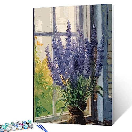 Lavendel-Malen-nach-Zahlen-Set mit Pinseln und Acryl-Pigment auf Leinwand, Malerei für Erwachsene, rustikales Fenster, blühendes Blumenkunst, Bastelprojekt für Heimdekoration, Geschenke (DIY gerahmt) von Tucocoo