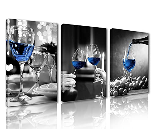 Moderne Wandkunst Schwarz-Weiß-Bilder blaues Weinglas Leinwandgemälde 3 Stück/Multi-Panel-Leinwand modernes von Tucocoo