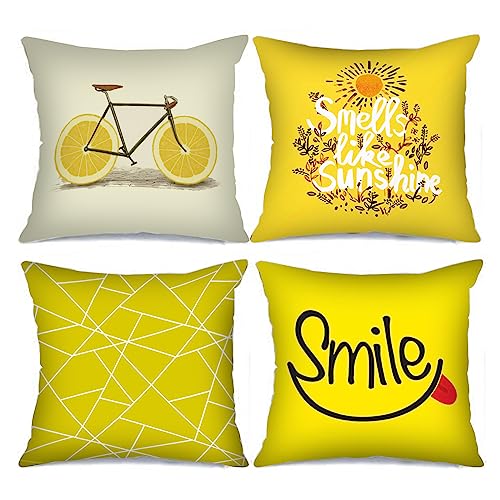 Orange Sunshine Cushion Covers Smile Bicycles Picture Pillow Covers Decorative 18x18inch Set of 4 White Plaid Yellow Background Pillow Covers Abstract Romance Throw Pillow Cases for Sofa Living Room von Tucocoo